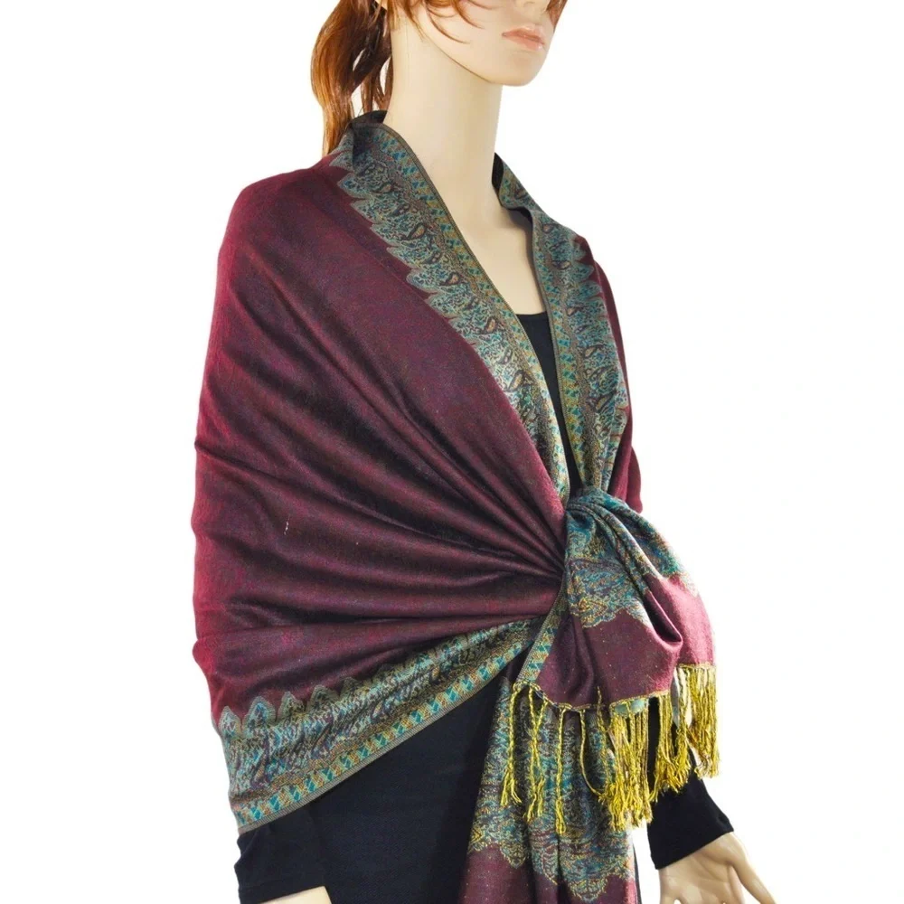 Pashmina Style Border Pattern Wine Scarf/ Shawl NEW